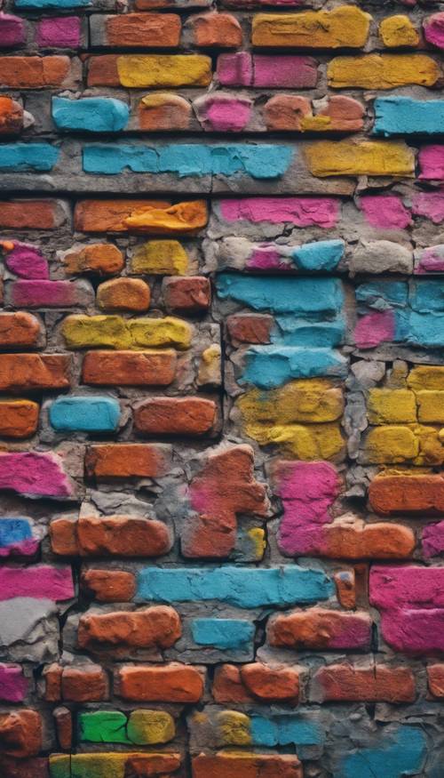 A vibrant, multicolored graffiti on an old brick wall in a urban setting