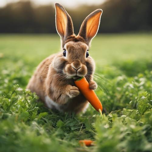 Seekor kelinci coklat mengunyah wortel di ladang hijau terang.