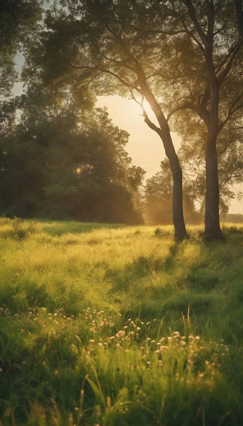 穏やかな緑の原野を柔らかなゴールデンサンセットライトが照らす