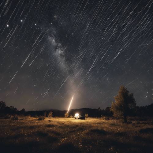 Un&#39;abbagliante pioggia di meteoriti illumina il cielo scuro in una zona remota.