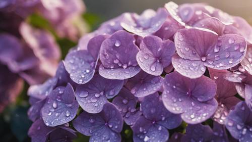 A close-up shot of delicate purple hydrangea petals shimmering with the morning dew.