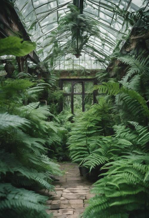 A Victorian greenhouse filled with tropical emerald green ferns.