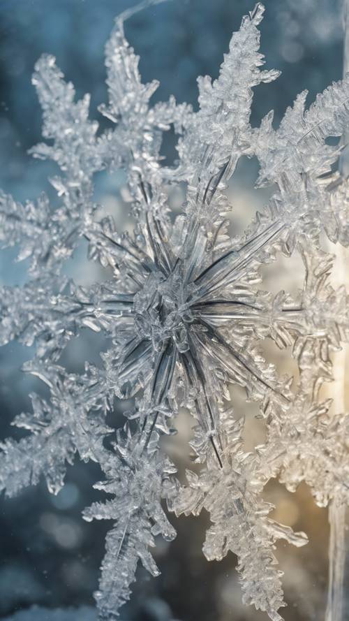 Buzlu bir pencerede oluşan karmaşık bir buz çiçeğinin detaylı yakın çekimi.