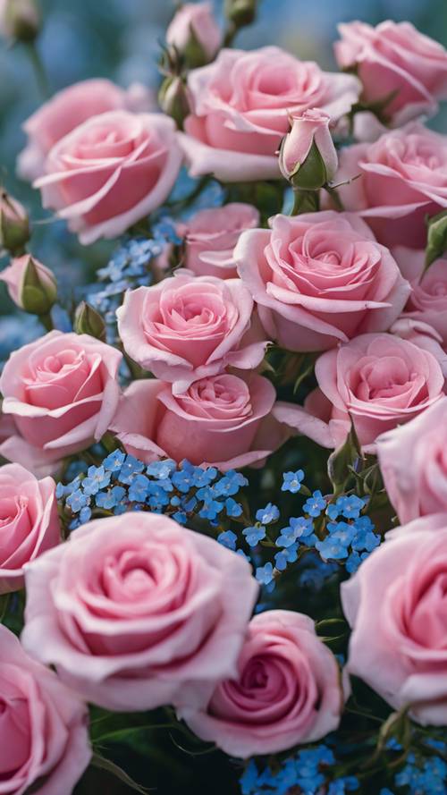 Ein Strauß rosa Rosen mit winzigen blauen Vergissmeinnicht dazwischen.