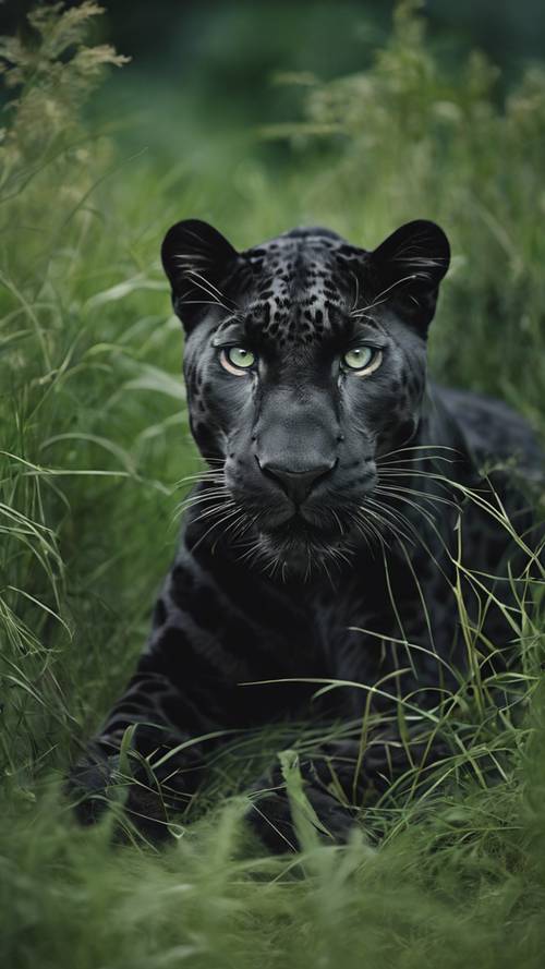Черный леопард лежит в высокой зеленой траве.