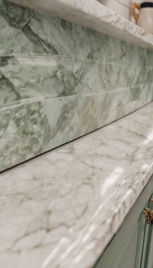 Un piano di lavoro in marmo verde salvia riccamente scolpito con toppe bianche e beige sotto una calda illuminazione.