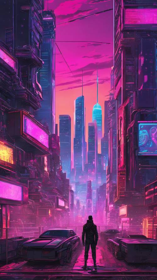 A cyber city with the panoramic view of skyscrapers from a high rooftop. Ფონი [bb01e7afc31b4d47935a]