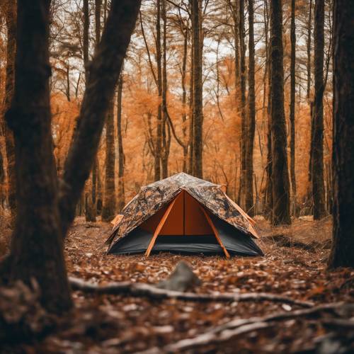An orange camo camping tent in the middle of a dense forest.
