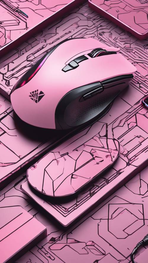 这款无线游戏鼠标采用哑光粉色饰面，放置在具有抽象几何设计的鼠标垫上。