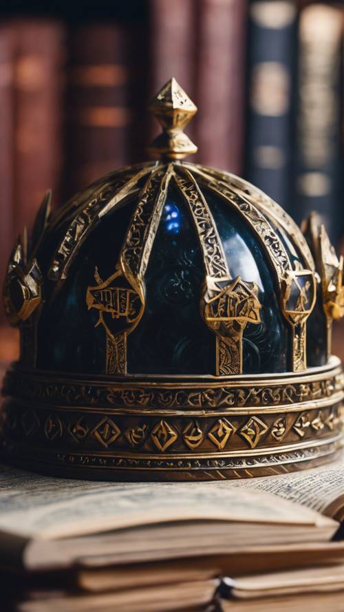 Mahkota obsidian penyihir, dihiasi tanda mistis di perpustakaan kuno.