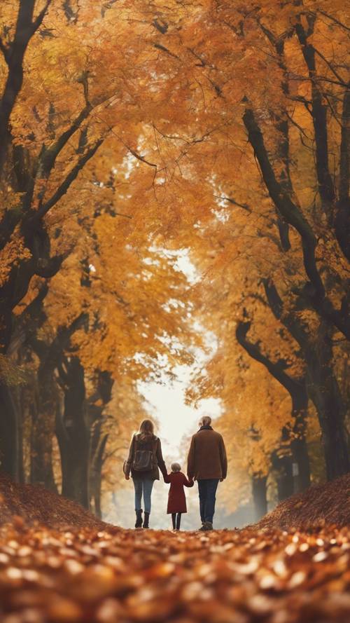 The back view of a family holding hands and walking down a beautiful autumnal path covered in colorful leaves.