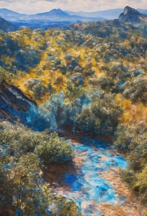 Malarstwo abstrakcyjne przedstawiające Góry Błękitne w stylu impresjonizmu.
