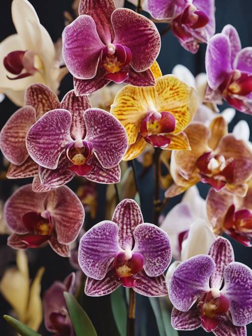 Разнообразие разноцветных видов орхидей, составленных в красивую цветочную композицию.