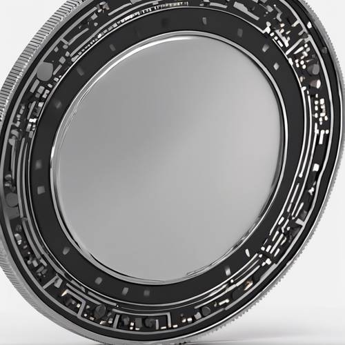 A 3d rendering of a large black coin spinning on a white background Tapéta [f78856c59571453f90e3]