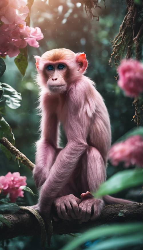 A pink monkey with striking blue eyes is sitting in the heart of a blooming jungle.