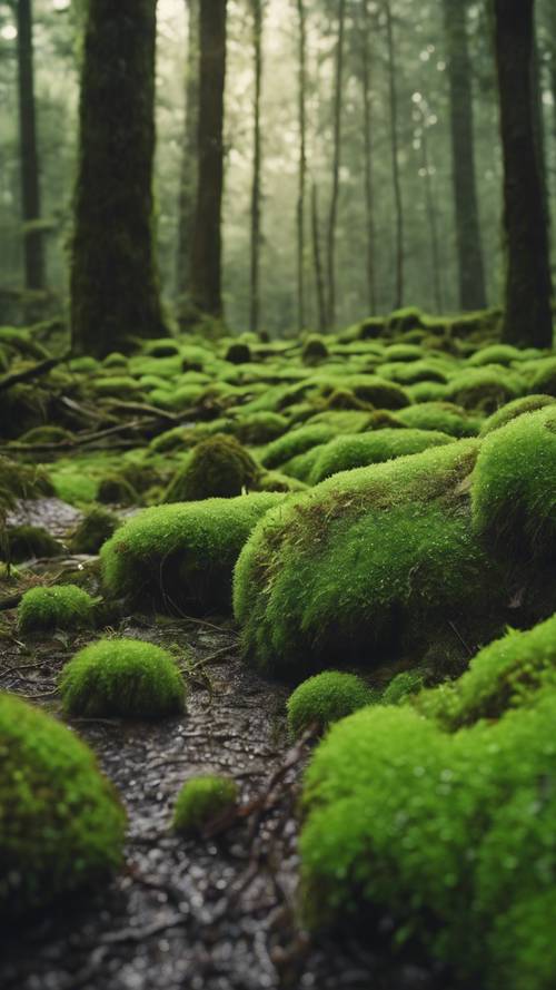 Un bosque verde cubierto de musgo después de una lluvia ligera.