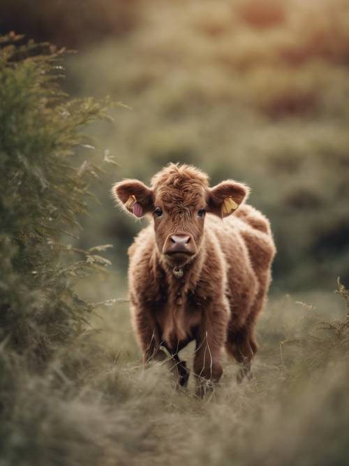 A playful calf with pure brown fur and a heart-shaped print in the middle of its forehead
