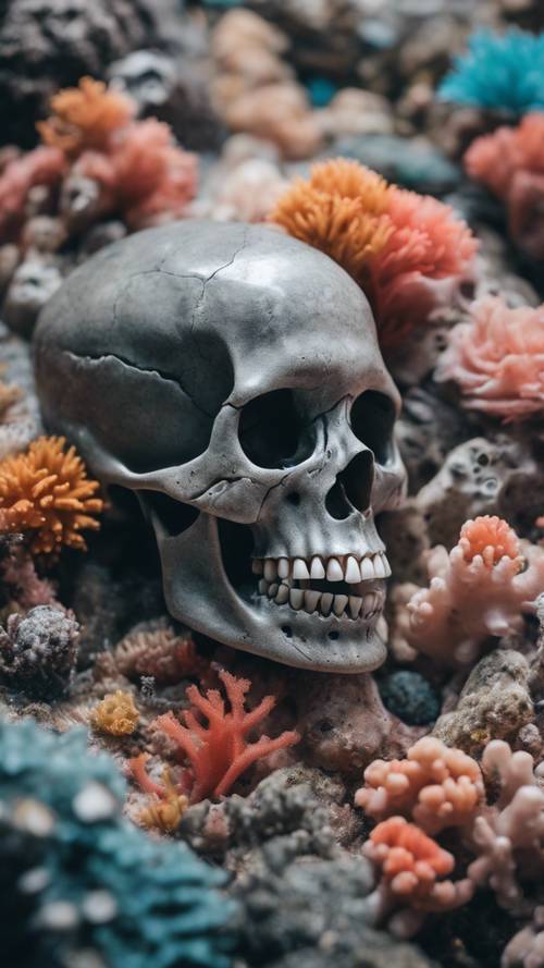 A dreamy gray mermaid skull surrounded by colorful coral under the shimmering sea.