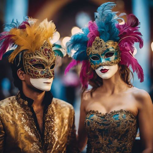 Ein traditioneller venezianischer Maskenball mit Gästen, die farbenfrohe Masken und Kleider mit Federn tragen.