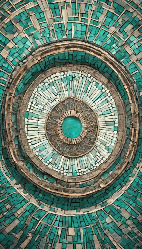 O intrincado padrão geométrico de mosaico azul-petróleo adornando uma cúpula arquitetônica vintage.