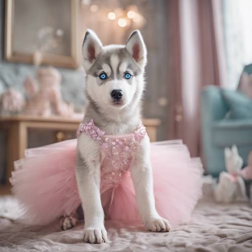 Um cachorrinho Husky com olhos azuis gelados, vestindo um tutu rosa, fazendo piruetas em uma sala lindamente decorada inspirada em uma bailarina.