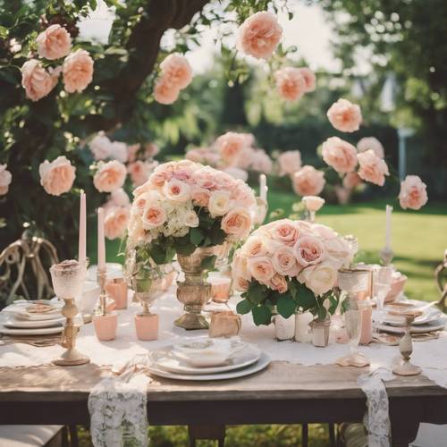 Decorações vintage para chá de panela em um jardim com rosas em plena floração.