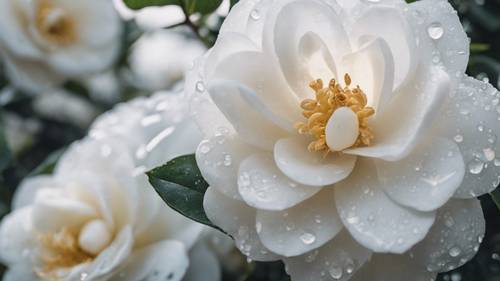 A detailed close-up of a dew-kissed white camellia in full bloom.