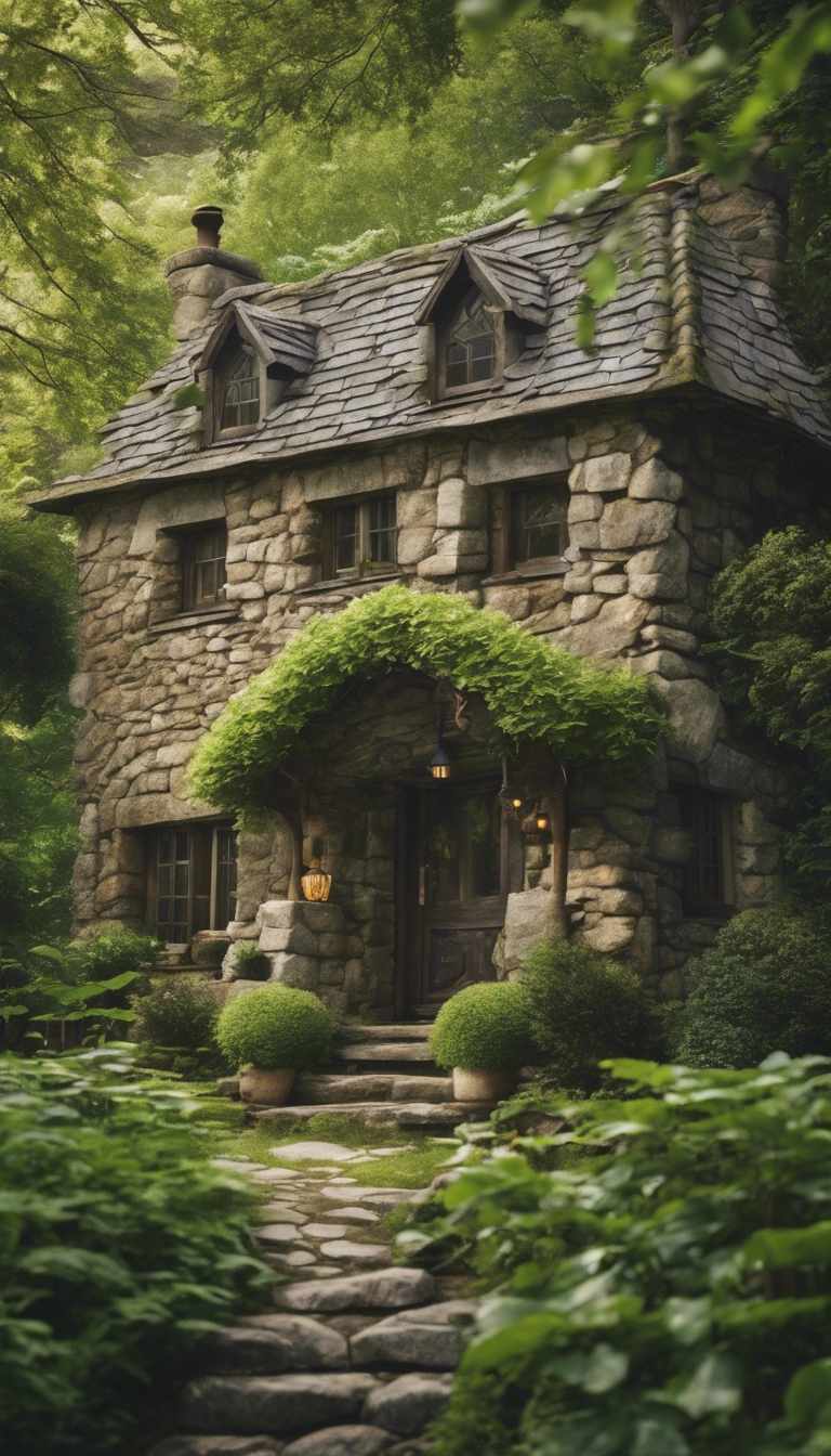 A quaint cozy stone cottage nestled in the heart of a lush, green, cottagecore forest. Tapeet[98d93fafcadc47d9b6f8]