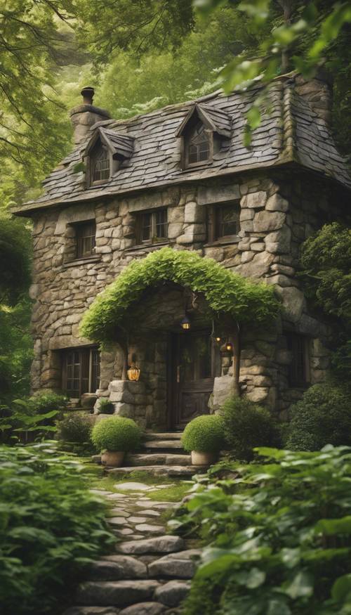 A quaint cozy stone cottage nestled in the heart of a lush, green, cottagecore forest.