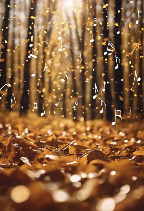 Golden music notes raining down on a scenic autumn forest. Tapet [66bb4ae7ab6b4743937f]