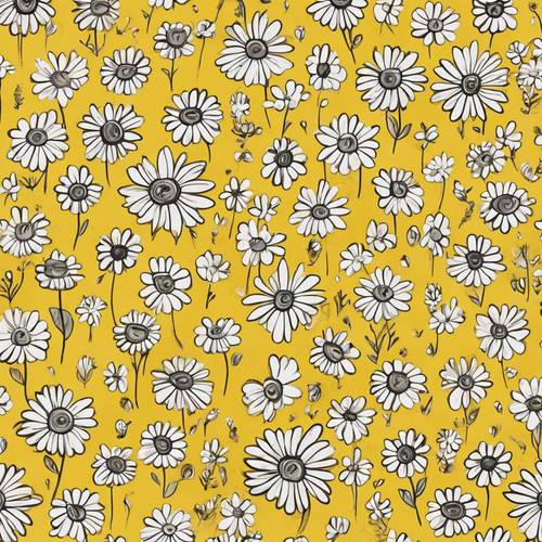 밝은 노란색 배경에 만화처럼 웃는 데이지가 특징인 기발한 어린이 꽃 패턴입니다.