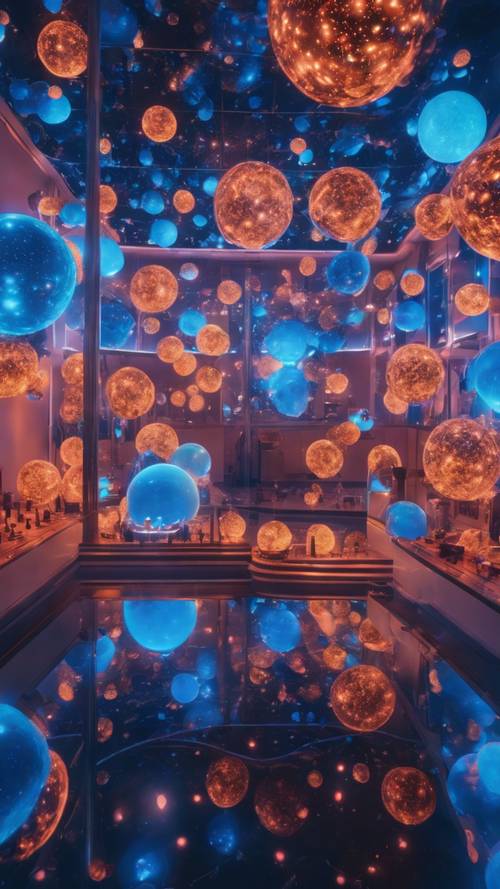 Um museu surreal em azul neon no espaço, cheio de orbes flutuantes.