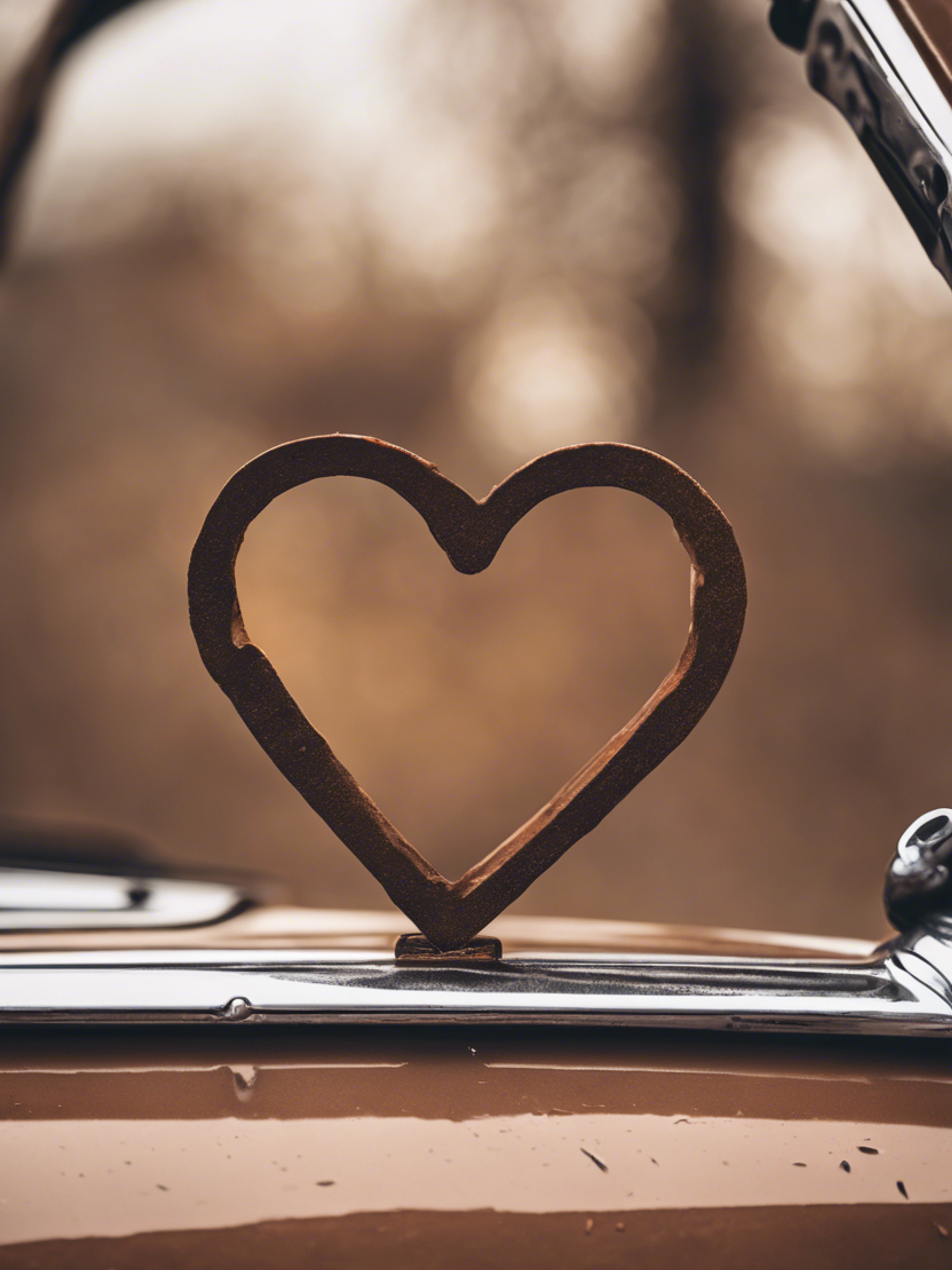 A brown heart symbol sticker on the back of a rusty vintage car.壁紙[4d384f66b29f431b9703]