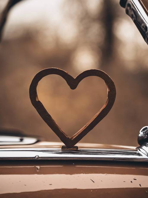 A brown heart symbol sticker on the back of a rusty vintage car.