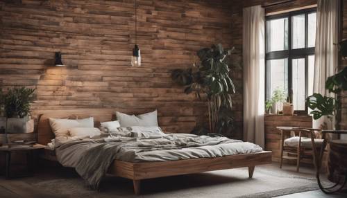 Temiz çizgiler ve minimalist mobilyalar gibi modern dokunuşlara sahip rahat, rustik bir yatak odası.