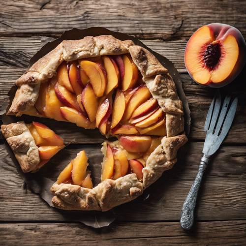 A rustic peach galette on a distressed wooden table with a slice taken out. Tapeta [545d8e5dac594b6eaab9]