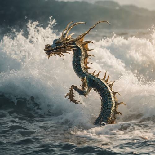 An ancient Japanese sea dragon emerging from the foamy waves. Divar kağızı [6bcf8b1d61c74217b315]