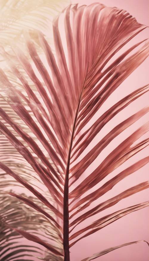 A vintage postcard featuring a pink palm leaf and golden cursive handwriting.