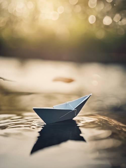 Ein einzelnes Papierboot, das auf einem ruhigen Fluss segelt und den Satz „Glaube an dich selbst und du wirst nicht aufzuhalten sein“ unterstreicht.