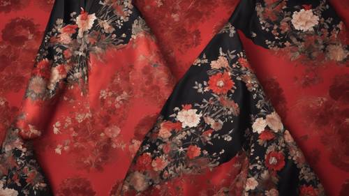 Un antico kimono di seta floreale nero esposto su uno sfondo rosso intenso.
