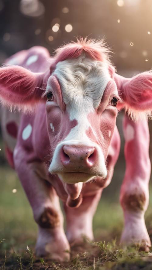 Seekor sapi merah muda menggemaskan dengan bintik-bintik putih, dengan lucu menjulurkan lidahnya.
