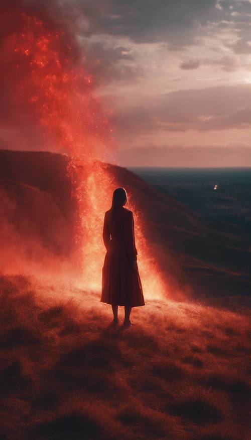 A woman standing on a solitary hill, illuminated by a fiery red aura. Tapeet [35ff93fe35f3411eb4bb]