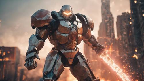 Um titã futurista blindado, com uma arma de plasma carregada, defendendo uma cidade de uma chuva de meteoros de fogo.
