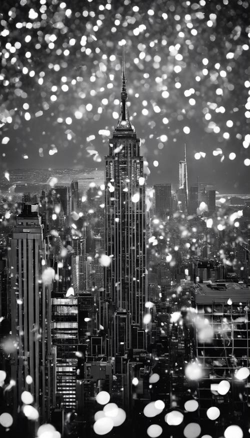 Black and white glitter cascading over the New York City skyline during the New Year's Eve celebration.