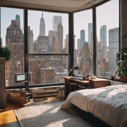 Kamar tidur kecil di apartemen New York City, lengkap dengan tempat tidur lipat, meja kecil, dan pemandangan kota besar di luar jendela.