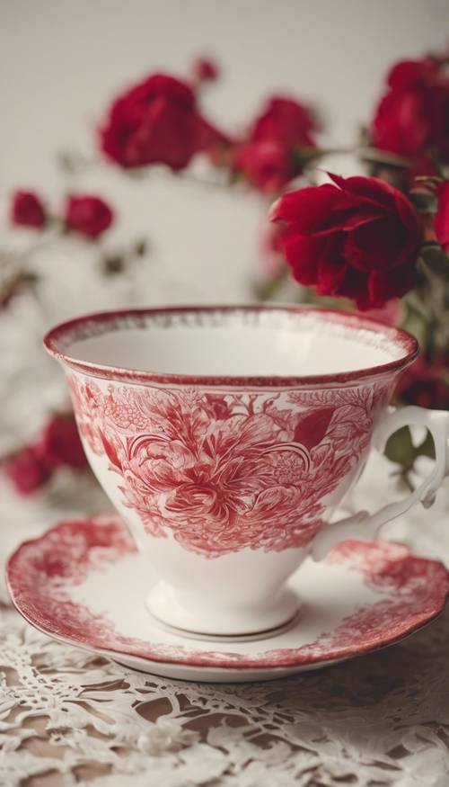 Pola bunga vintage merah terukir pada cangkir teh putih antik.