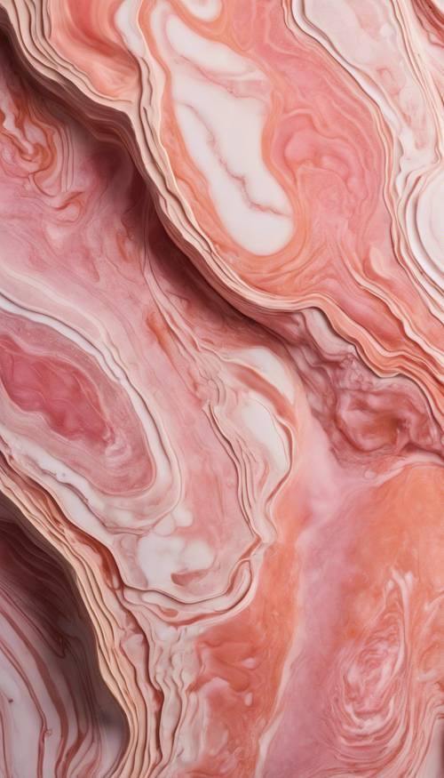 Крупный план текстуры кораллового мрамора, закрученной пастельно-розовыми линиями.