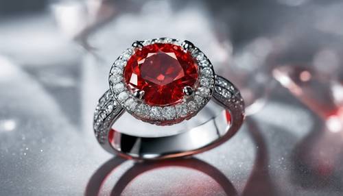 Một viên kim cương đỏ đính trên chiếc nhẫn bạc.