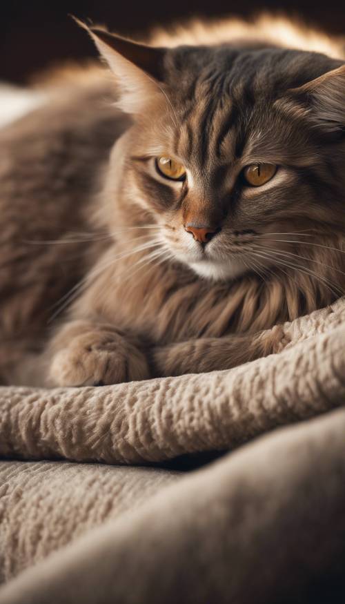 モフモフの枕で寝ている、神秘的な琥珀色の瞳を持つ薄暗いベージュ色の猫壁紙