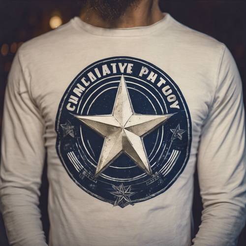 Un motif étoile bleu marine imprimé sur le devant d&#39;un t-shirt vintage en coton.